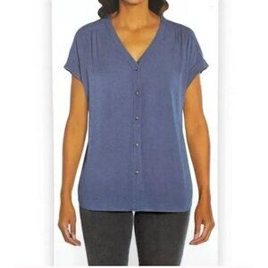 Orvis Top Womens XL Blue Gauzy Camp Shirt V Neck Lightweight Button Up Casual